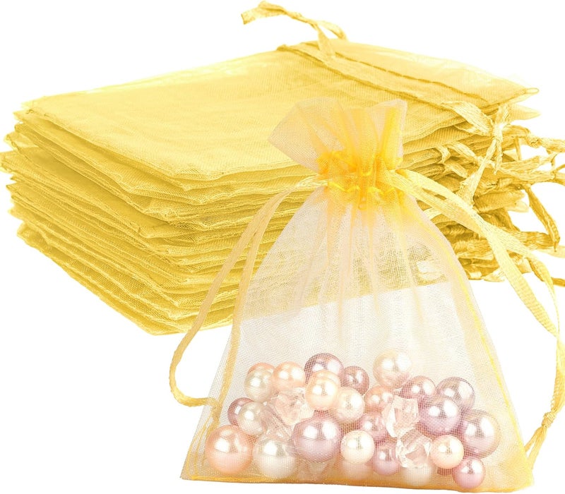 BOEIAC Gold Organza Bags - 50 Pcs, Sheer 4 x 6 Inch Jewelry & Party Favor Bags with Drawstring, Mesh Gift Pouches for Wedding, Valentine's Day Party - Image 1
